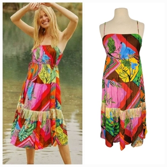 Farm Rio Anthropologie Dress Palila Tropical Printed Fringe Casual Midi Sz S NEW - Picture 1 of 16